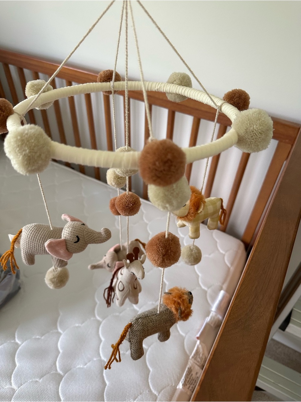Neutral Safari Animal Baby Mobile - Soft Pom Pom Hanging Crib Mobile
